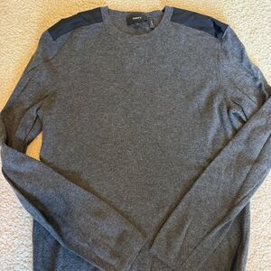 Theory Men's Gray Wool Blend Crewneck Sweater with faux leather patches